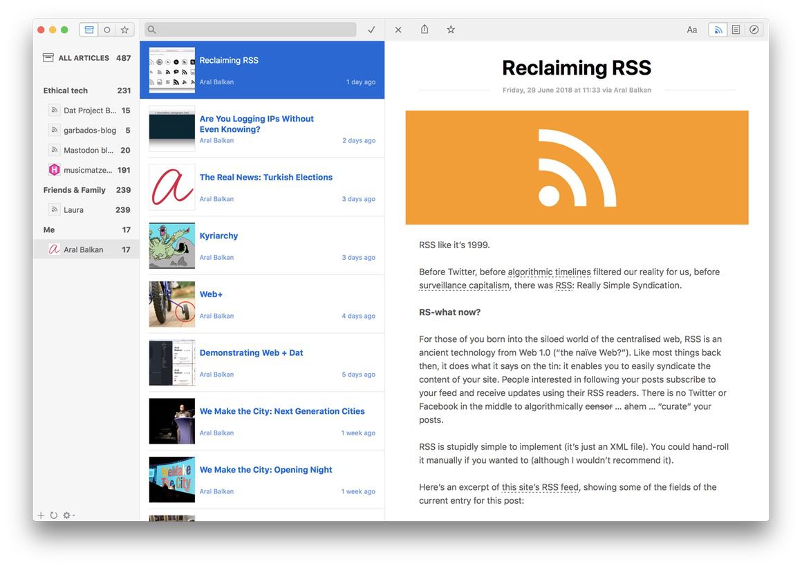 A screenshot of my feed displaying properly in the Leaf RSS reader with an icon for the site and images for posts that have them.