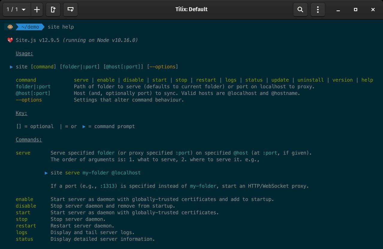 Screenshot of the Site.js help command output in terminal (Tilix).