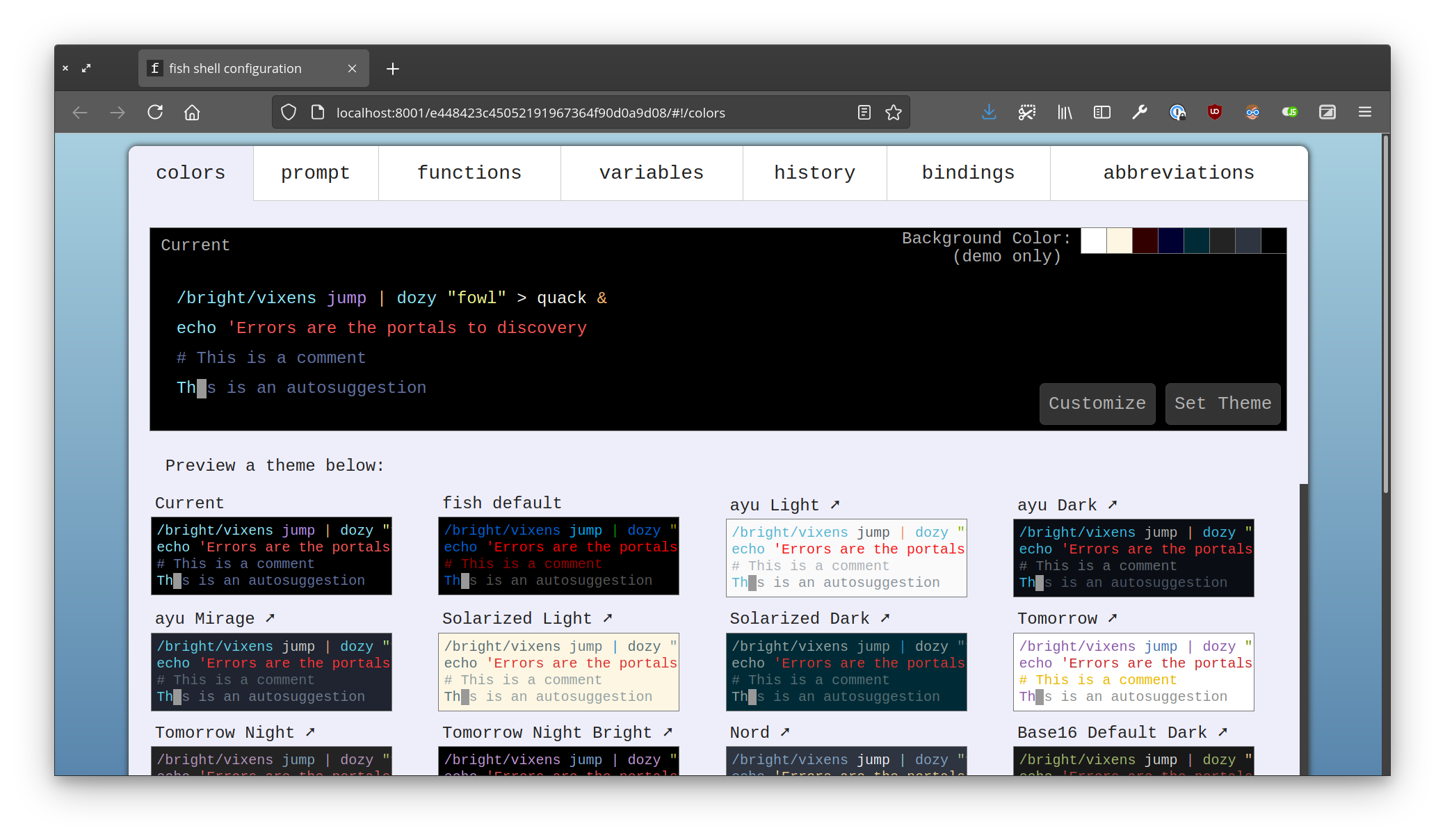 Screenshot of the web interface for fish_config, showing the  colors, prompt, functions, variables, history, bindings, and abbreviations tabs.
