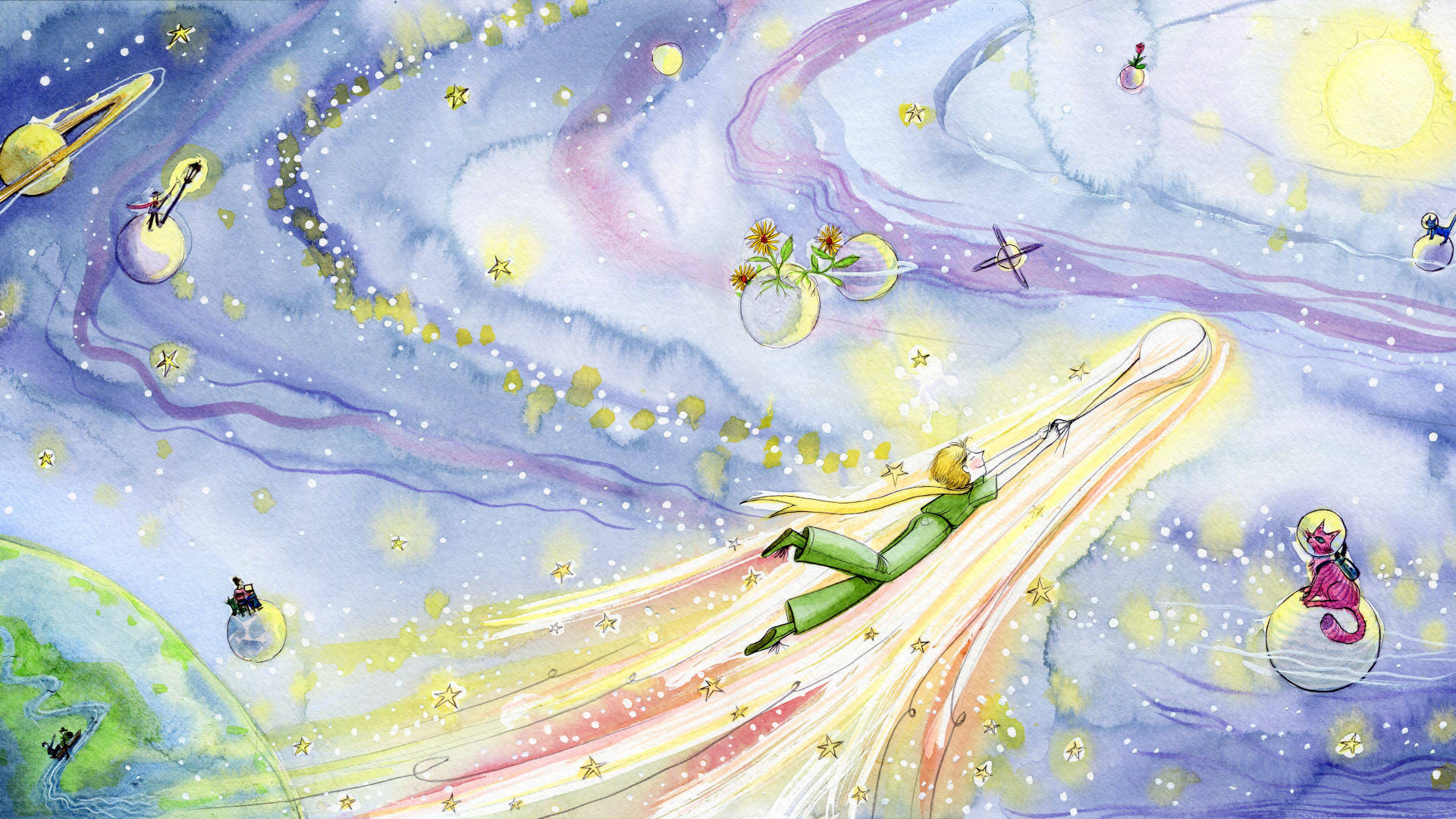 Illustation of the Little Prince flying through space with a comet he has captured.