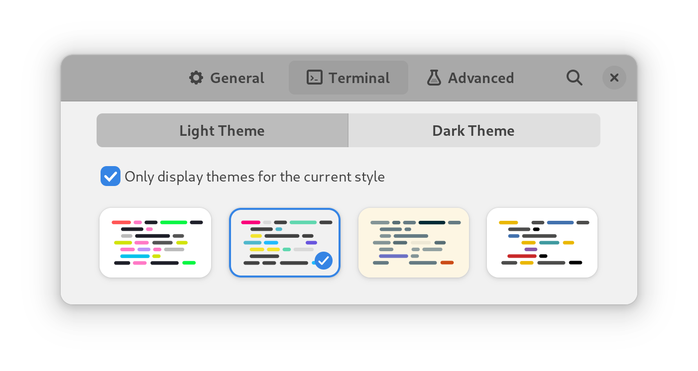 Screenshot of Black Box terminal’s setting showing the light and dark theme tabs, with the former selected and showing thumbnail previews of the four included light themes