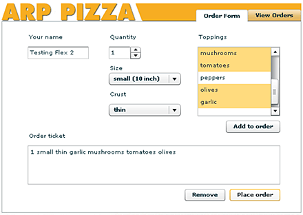 Arp PizzaService sample application in Flex 2 and ActionScript 3