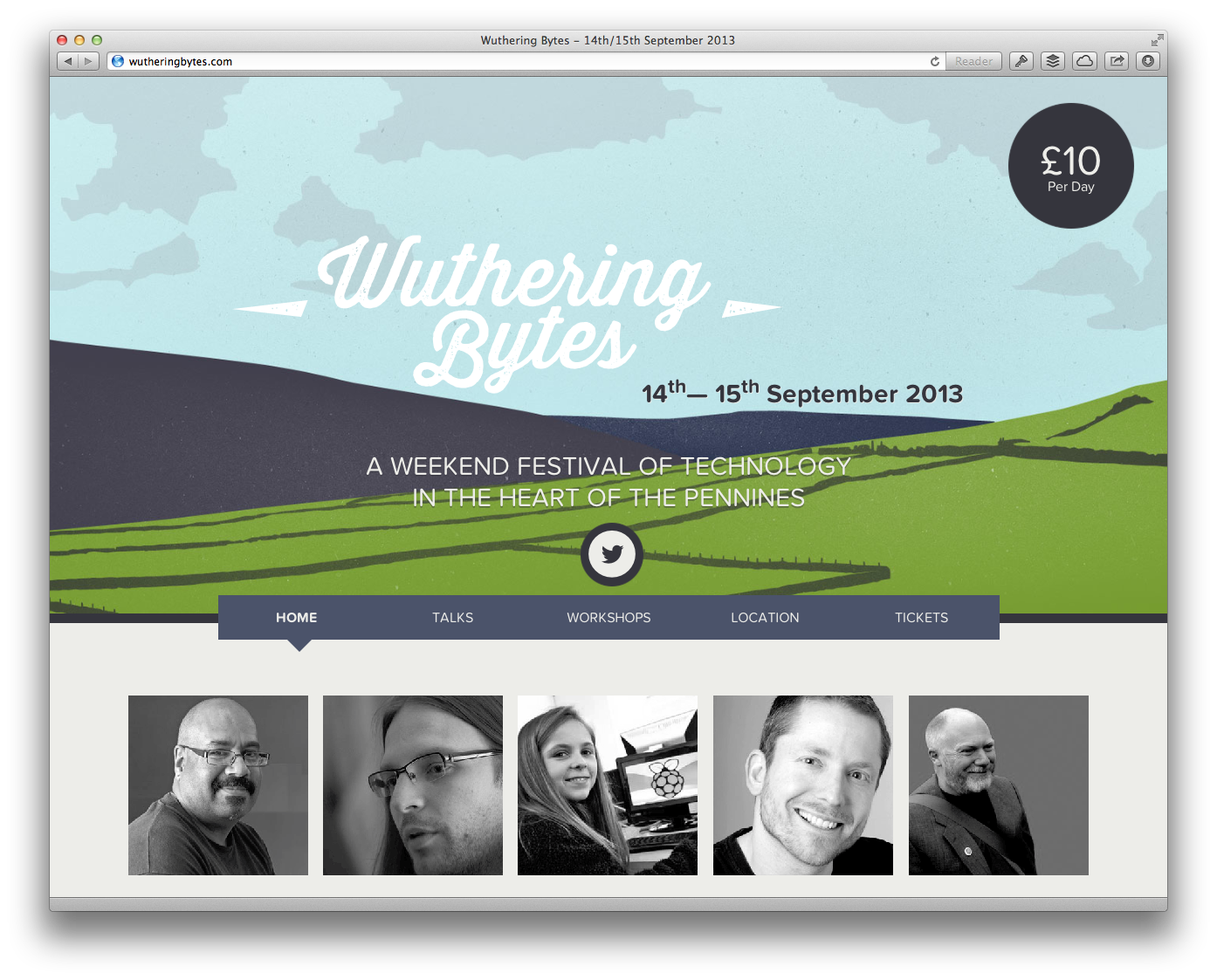 Screenshot of the Wuthering Bytes conference that takes place 14-15 September 2013 and costs £10, showing portraits of some of the speakers including Mike Little, Blaine Cook, Amy Mather, Aral Balkan, and Paul Downey.