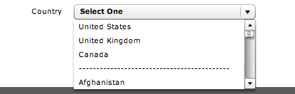 Screenshot of Paypal Country ComboBox