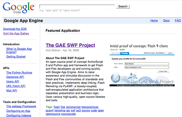 Screenshot of The GAE SWF Project as Featured Application on the Google App Engine Application Showcase