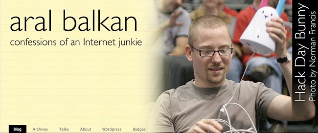 A header image from the blog's previous design; Aral holding his Nabaztag bunny at Hack Day.