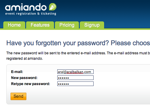 Amiando.com's forgotten password form